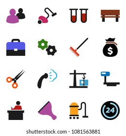 solid vector ixon set - scraper vector, vacuum cleaner, rake, steaming, student, case, money bag, big scales, group, vial, scissors, gear, bench, construction crane, 24 hour