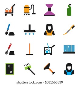 solid vector ixon set - scraper vector, cleaner trolley, vacuum, mop, car fetlock, window cleaning, toilet brush, agent, shining, woman