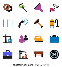 solid vector ixon set - scraper vector, vacuum cleaner, iron, steaming, case, horizontal bar, group, gear, bench, construction crane, 24 hour