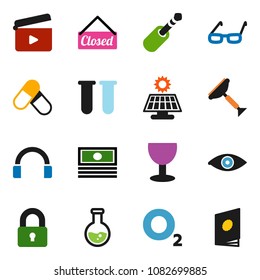solid vector ixon set - scraper vector, glasses, flask, cash, pills, oxygen, glass, cinema clap, headphones, jack, vial, eye, solar panel, lock, closed, catalog