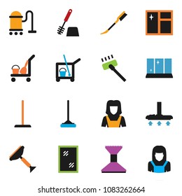 solid vector ixon set - scraper vector, cleaner trolley, vacuum, mop, car fetlock, window cleaning, toilet brush, shining, woman