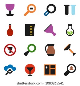 solid vector ixon set - scraper vector, window cleaning, oil, measuring cup, jug, flask, no alcohol sign, glass, cargo search, vial, magnifier, cloud, client
