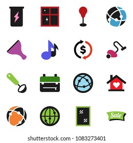 solid vector ixon set - scraper vector, vacuum cleaner, window cleaning, shining, ladle, backpack, music, exchange, punching bag, enegry drink, internet, connection, love home, sale