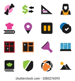 solid vector ixon set - scraper vector, window cleaning, shining, cleaner woman, cookbook, corner ruler, exchange, protected, pause button, broken bone, connection, pin, mountain