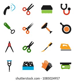 solid vector ixon set - scraper vector, sponge, car fetlock, iron, steaming, rubber glove, pan, whisk, drawing compass, scissors, crutches, stethoscope, store scales