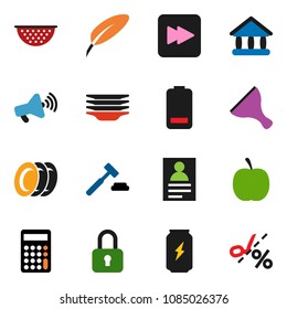 solid vector ixon set - scraper vector, plates, colander, pen, personal information, university, auction, calculator, diet, enegry drink, loudspeaker, battery, forward button, lock, coupon