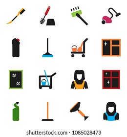 solid vector ixon set - scraper vector, cleaner trolley, vacuum, mop, car fetlock, window cleaning, toilet brush, agent, shining, woman