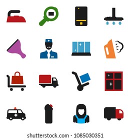 solid vector ixon set - scraper vector, vacuum cleaner, iron, steaming, cleaning agent, shining window, woman, delivery, cargo search, mobile phone, amkbulance car, doctor, trolley