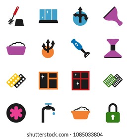 solid vector ixon set - scraper vector, car fetlock, window cleaning, toilet brush, foam basin, shining, blender, route, ambulance star, pills blister, arrow, water supply, lock