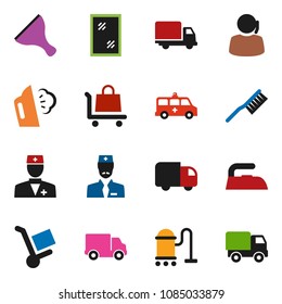 solid vector ixon set - scraper vector, vacuum cleaner, fetlock, window cleaning, iron, steaming, support, delivery, doctor, amkbulance car, trolley