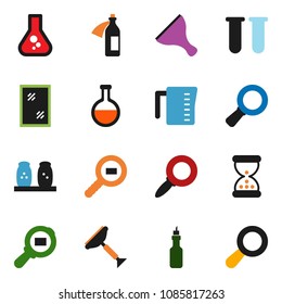 solid vector ixon set - scraper vector, window cleaning, measuring cup, spices, oil, magnifier, flask, cargo search, vial, sand clock, potion