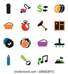 solid vector ixon set - scraper vector, vacuum cleaner, window cleaning, foam basin, agent, plates, cook timer, ladle, music, exchange, punching bag, protected, connection, mountain