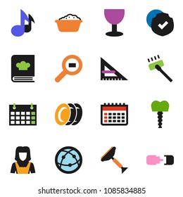 solid vector ixon set - scraper vector, vacuum cleaner, foam basin, plates, woman, cookbook, corner ruler, music, calendar, glass, protected, cargo search, internet, tooth implant, connection