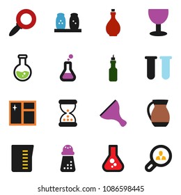 solid vector ixon set - scraper vector, window cleaning, oil, measuring cup, hand mill, spices, jug, magnifier, flask, glass, vial, sand clock, client search
