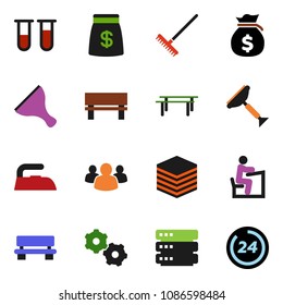 solid vector ixon set - scraper vector, rake, iron, student, money bag, horizontal bar, group, vial, big data, gear, bench, 24 hour