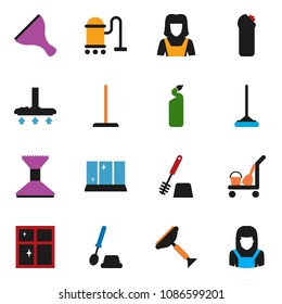 solid vector ixon set - scraper vector, cleaner trolley, vacuum, mop, car fetlock, toilet brush, cleaning agent, shining window, woman