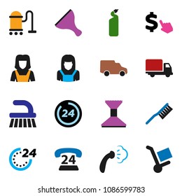 solid vector ixon set - scraper vector, vacuum cleaner, fetlock, car, steaming, cleaning agent, woman, dollar cursor, phone 24, delivery, hour, trolley