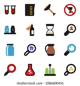 solid vector ixon set - scraper vector, measuring cup, spices, jug, jar, magnifier, flask, no alcohol sign, vial, sand clock, potion, search estate, client