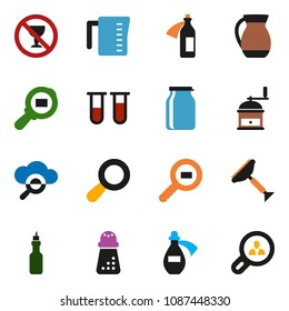 solid vector ixon set - scraper vector, measuring cup, hand mill, jug, jar, oil, no alcohol sign, cargo search, vial, potion, cloud glass, magnifier, client