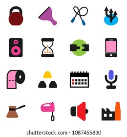 solid vector ixon set - scraper vector, toilet paper, turk coffee, mixer, cereal, calendar, weight, jump rope, speaker, microphone, mobile phone, sand clock, route arrow, connection, factory