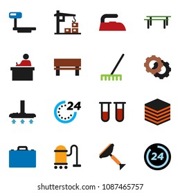 solid vector ixon set - scraper vector, vacuum cleaner, rake, iron, student, case, horizontal bar, big scales, vial, data, gear, bench, construction crane, 24 hour