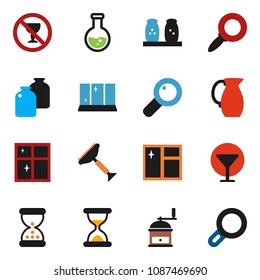 solid vector ixon set - scraper vector, window cleaning, shining, hand mill, spices, jug, jar, magnifier, flask, no alcohol sign, glass, sand clock