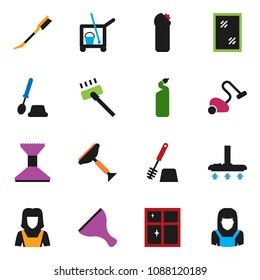 solid vector ixon set - scraper vector, cleaner trolley, vacuum, car fetlock, window cleaning, toilet brush, agent, shining, woman