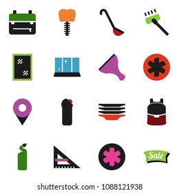 solid vector ixon set - scraper vector, vacuum cleaner, window cleaning, agent, plates, shining, ladle, corner ruler, backpack, ambulance star, tooth implant, pin, sale