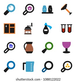 solid vector ixon set - scraper vector, window cleaning, measuring cup, hand mill, spices, jug, magnifier, glass, vial, potion, search estate, client