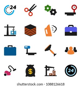 solid vector ixon set - scraper vector, vacuum cleaner, steaming, case, big scales, group, scissors, data, gear, construction crane, money bag, 24 hour
