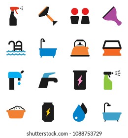 solid vector ixon set - scraper vector, water tap, sponge, drop, bath, foam basin, sprayer, closet, kettle, enegry drink, pool, supply