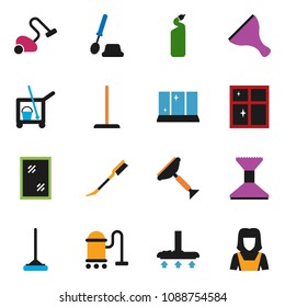solid vector ixon set - scraper vector, cleaner trolley, vacuum, mop, car fetlock, window cleaning, toilet brush, agent, shining, woman