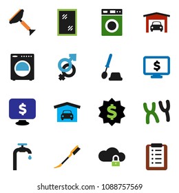 solid vector ixon set - scraper vector, car fetlock, window cleaning, toilet brush, washer, dollar medal, monitor, gender sign, chromosomes, cloud lock, water supply, garage, shopping list