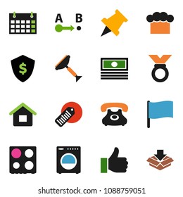 solid vector ixon set - scraper vector, cook hat, oven, paper pin, flag, cash, dollar shield, medal, calendar, phone, barcode, route, finger up, house, washer, package