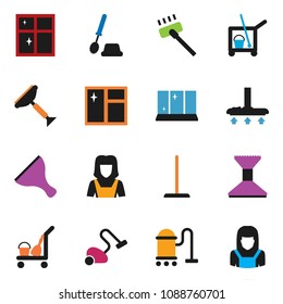 solid vector ixon set - scraper vector, cleaner trolley, vacuum, mop, car fetlock, window cleaning, toilet brush, shining, woman