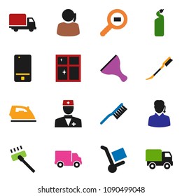 solid vector ixon set - scraper vector, vacuum cleaner, fetlock, car, iron, cleaning agent, shining window, support, delivery, cargo search, mobile phone, doctor, trolley