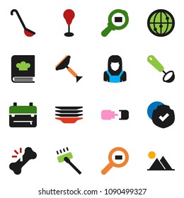 solid vector ixon set - scraper vector, vacuum cleaner, plates, woman, ladle, cookbook, backpack, punching bag, protected, cargo search, internet, broken bone, connection, mountain