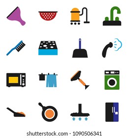 solid vector ixon set - scraper vector, vacuum cleaner, fetlock, scoop, sponge, steaming, drying clothes, washer, water tap, pan, colander, microwave oven, fridge