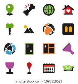 solid vector ixon set - scraper vector, window cleaning, punching bag, calendar, glass, internet, pause button, broken bone, tooth implant, connection, pin, mountain, love home, sale