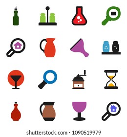 solid vector ixon set - scraper vector, oil, hand mill, spices, jug, magnifier, flask, glass, cargo search, sand clock, estate