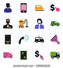 solid vector ixon set - scraper vector, vacuum cleaner, window cleaning, iron, steaming, dollar cursor, support, delivery, car, mobile phone, doctor, amkbulance