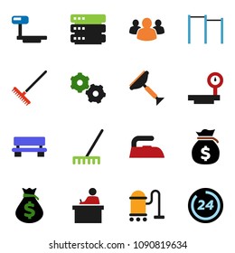 solid vector ixon set - scraper vector, vacuum cleaner, rake, iron, student, money bag, horizontal bar, big scales, group, data, gear, bench, 24 hour