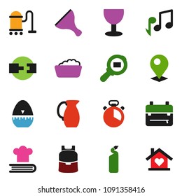 solid vector ixon set - scraper vector, vacuum cleaner, foam basin, cleaning agent, cook timer, cookbook, jug, backpack, music, glass, cargo search, connection, pin, love home