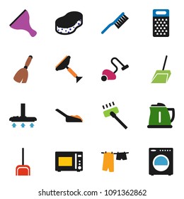 solid vector ixon set - scraper vector, broom, vacuum cleaner, fetlock, scoop, sponge, drying clothes, kettle, grater, microwave oven, washer
