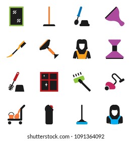 solid vector ixon set - scraper vector, cleaner trolley, vacuum, mop, car fetlock, window cleaning, toilet brush, agent, shining, woman