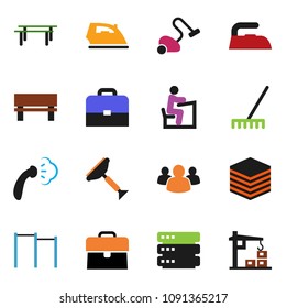 solid vector ixon set - scraper vector, vacuum cleaner, rake, iron, steaming, student, case, horizontal bar, group, big data, bench, construction crane