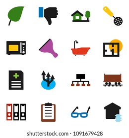 solid vector ixon set - scraper vector, bath, skimmer, microwave oven, glasses, leaf, binder, hierarchy, Railway carriage, clipboard, finger down, anamnesis, route arrow, chalet, plan, smart home