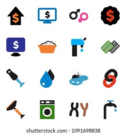 solid vector ixon set - scraper vector, water drop, washer, foam basin, blender, dollar growth, medal, monitor, gender sign, pills blister, chromosomes, chain, pond, supply