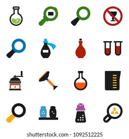 solid vector ixon set - scraper vector, oil, measuring cup, hand mill, spices, magnifier, flask, no alcohol sign, cargo search, vial, potion, client