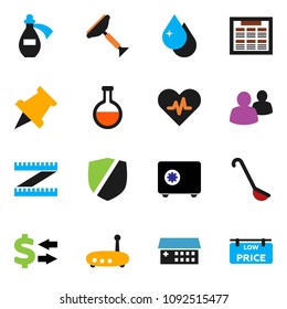 solid vector ixon set - scraper vector, water drop, ladle, schedule, paper pin, exchange, safe, measuring, protected, group, heart pulse, flask, hospital building, potion, router